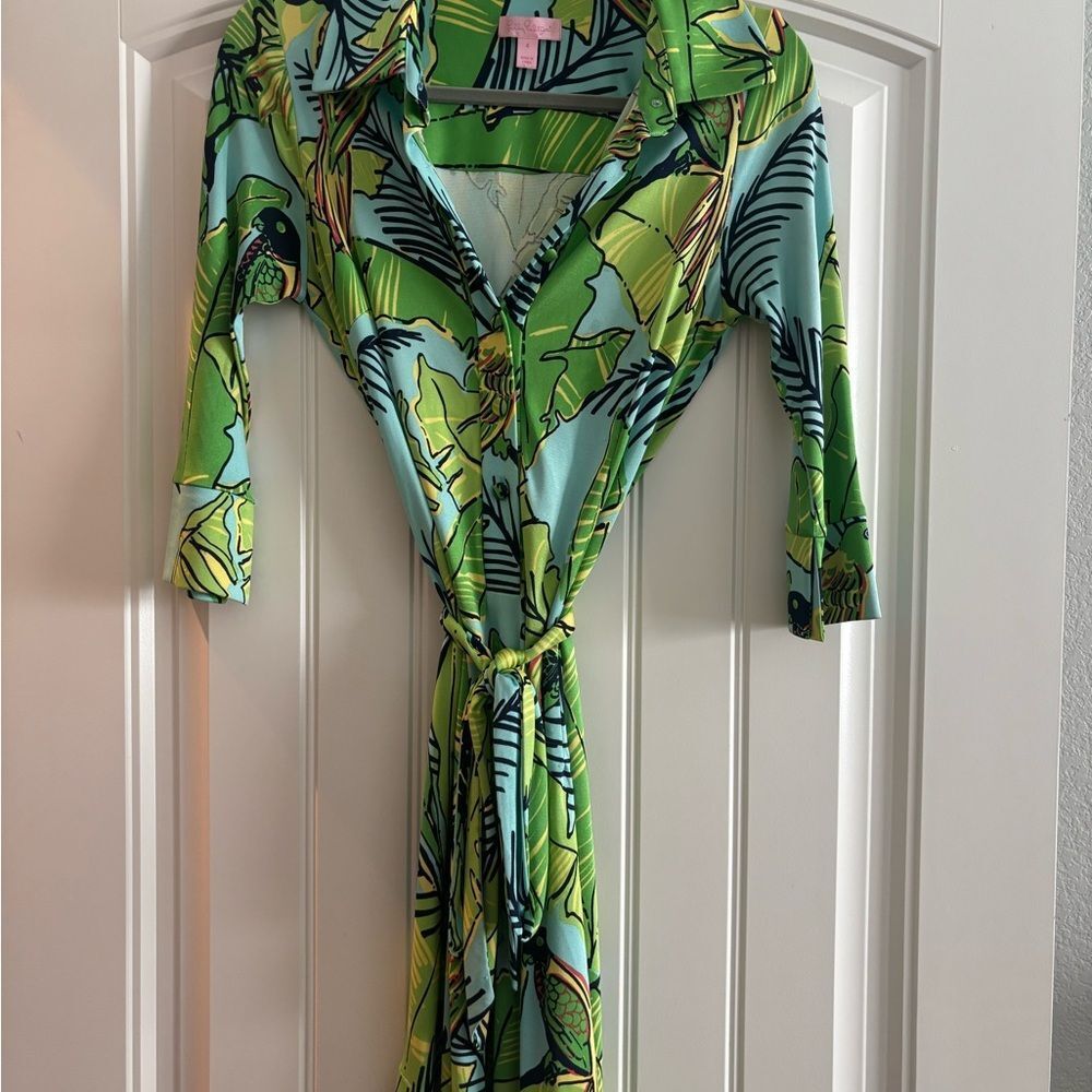 Lilly Pulitzer Vibrant Green and Blue Pam and Parrot Print Dress